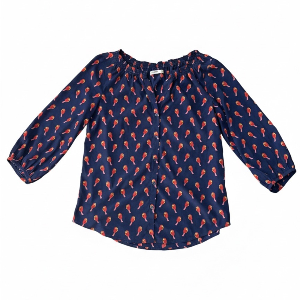 Old Navy Navy Blue Blouse with Red Birds, 3/4 Puff Sleeve, Curve Hem Lightweight